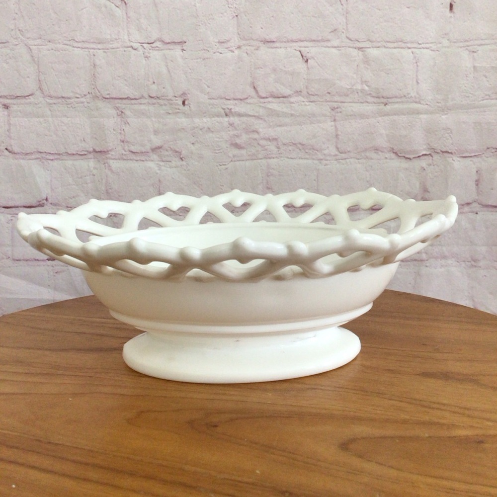Vintage White Milk Glass Lace Heart Oval Pedestal Bowl